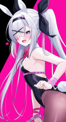 Rule 34 | 1girl, :d, animal ears, bar censor, black eyes, black hairband, black leotard, black pantyhose, blue archive, blush, breasts, censored, colored inner hair, cuffs, detached sleeves, fake animal ears, fukemachi, grey hair, hair ornament, hair over one eye, hairband, heart, heart-shaped pupils, highres, leotard, long hair, looking at viewer, multicolored hair, open mouth, pantyhose, penis, pink hair, plana (blue archive), playboy bunny, rabbit ears, rabbit hole (vocaloid), shackles, small breasts, smile, solo, symbol-shaped pupils, torn clothes, torn pantyhose, x hair ornament