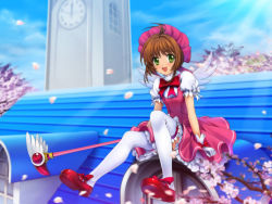 Rule 34 | 1990s (style), 1girl, antenna hair, brown hair, cardcaptor sakura, cherry blossoms, child, clock, clock tower, dress, fuuin no tsue, green eyes, hat, kinomoto sakura, magical girl, mary janes, mutsuki (moonknives), open mouth, petals, pink hat, retro artstyle, rooftop, shoes, smile, solo, thighhighs, tower, white thighhighs, wings