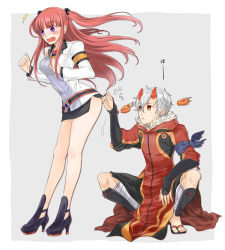 Rule 34 | 1boy, 1girl, arca (summon night), armband, bandages, black footwear, black shorts, black skirt, clothes lift, embarrassed, floating hair, grey background, hair between eyes, high heels, horns, jacket, kagerou (summon night), leaning forward, lifting another&#039;s clothes, long hair, long sleeves, miniskirt, open mouth, purple eyes, red eyes, red hair, shorts, side slit, silver hair, skirt, skirt lift, summon night, summon night 5, taakomaru, twintails, very long hair, white jacket