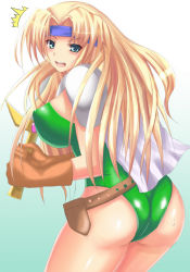 Rule 34 | 1990s (style), 1girl, armor, ass, ass cutout, belt, blonde hair, blue eyes, blush, breasts, cape, celes chere, clothing cutout, daakurei, final fantasy, final fantasy vi, gloves, headband, large breasts, leotard, long hair, looking back, one-piece swimsuit, pauldrons, retro artstyle, revealing clothes, shoulder armor, shoulder pads, solo, sweat, swimsuit, sword, weapon