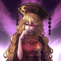 Rule 34 | 1girl, black dress, blonde hair, chinese clothes, dress, gradient background, hair ornament, hand to own mouth, hat, head tilt, junko (touhou), long hair, long sleeves, looking at viewer, miata (miata8674), red eyes, smile, solo, tabard, touhou, very long hair, wide sleeves