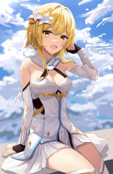 Rule 34 | 1girl, :d, absurdres, beten, black gloves, blonde hair, blue sky, blush, breasts, cleavage, cloud, cloudy sky, day, detached sleeves, dress, fingerless gloves, flower, genshin impact, gloves, hair flower, hair ornament, hand up, highres, looking at viewer, lumine (genshin impact), medium breasts, medium hair, open mouth, revision, sitting, sky, smile, solo, thighhighs, white dress, white thighhighs, yellow eyes, zettai ryouiki