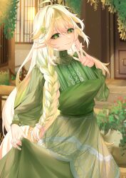 Rule 34 | 1girl, absurdres, ahoge, blonde hair, braid, chinese commentary, commentary request, door, dress, earrings, feet out of frame, from side, genshin impact, gradient hair, green dress, green hair, green nails, hair ornament, hand up, highres, jewelry, jiaotang xuebi, long hair, long sleeves, looking at viewer, multicolored hair, outdoors, paid reward available, patterned clothing, plant, ring, rukkhadevata (genshin impact), skirt hold, solo, standing, very long hair, w, window