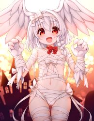 1boy absurdres bandaged_chest bandages bird_boy bulge commentary_request crossdressing halloween harpy_boy head_wings highres kinomiki_nobori looking_at_viewer male_focus monster_boy mummy_costume naked_bandage open_mouth original red_eyes short_hair solo talons trap white_hair wings