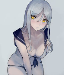 Rule 34 | 10s, 1girl, abyssal ship, adapted costume, bikini, blush, breasts, cleavage, commentary request, covered erect nipples, hair between eyes, kantai collection, large breasts, leaning forward, long hair, looking at viewer, neckerchief, open mouth, parted bangs, sailor bikini, sailor collar, shirt, sidelocks, silver hair, sketch, solo, swimsuit, ta-class battleship, thong bikini, tied shirt, walzrj, yellow eyes