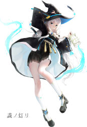 Rule 34 | 1girl, bare shoulders, black footwear, black gloves, black hat, black skirt, blue flower, braid, bridal gauntlets, coat, copyright name, cube hair ornament, detached collar, dice hair ornament, expressionless, flower, full body, gem, gloves, hair ornament, haori io, hat, hat flower, highres, holding, holding clothes, holding hat, holding lantern, jewelry, lantern, long hair, long sleeves, looking at viewer, magic, necklace, off-shoulder coat, off shoulder, pleated skirt, ribbon-trimmed coat, ribbon-trimmed sleeves, ribbon trim, shiki no akari, shoes, silver hair, simple background, skirt, socks, solo, talisman, tomoshibi no majo, two-sided fabric, two-sided headwear, very long hair, white background, white socks, wide sleeves, witch, witch hat, yellow flower