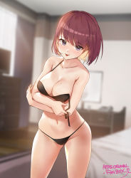 Rule 34 | 1girl, apple caramel, bad id, bad pixiv id, bare arms, bare shoulders, bikini, black bikini, blue eyes, blurry, breast hold, breasts, brown hair, cleavage, closed mouth, collarbone, cowboy shot, depth of field, groin, highres, looking at viewer, medium breasts, mole, mole on breast, mole under eye, navel, original, short hair, smile, solo, stomach, string bikini, swimsuit, thighs, tongue, tongue out, untied bikini