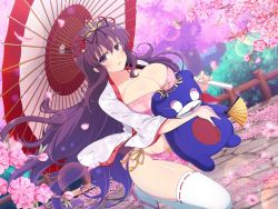 Rule 34 | 1girl, breasts, cleavage, large breasts, long hair, looking at viewer, murasaki (senran kagura), purple eyes, purple hair, senran kagura, smile, solo