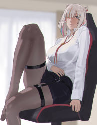 Rule 34 | 1girl, animal ears, arm at side, black nails, black skirt, blue eyes, blue hair, blurry, blurry background, breasts, chair, closed mouth, collared shirt, ear piercing, earrings, gaming chair, garter straps, hair ornament, hair over one eye, hand on own stomach, highres, hololive, jewelry, large breasts, leg up, long sleeves, mokottsu, multicolored hair, nail polish, one eye covered, orange hair, pantyhose, piercing, pink hair, shirt, shishiro botan, shishiro botan (button-down), short hair, sitting, skirt, smile, solo, streaked hair, swivel chair, virtual youtuber, white hair, white shirt, window, x hair ornament