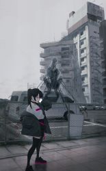 Rule 34 | 1girl, 1other, absurdres, black hair, bound, broken, broken chain, building, car, chain, chain-link fence, choker, cr iws t 72, fence, highres, jacket, long sleeves, looking away, monster, motor vehicle, open mouth, original, overcast, parking lot, phone, pink eyes, road, scenery, shirt tucked in, shoes, skirt, sky, sneakers, street, thighhighs, tied up (nonsexual), twintails, van