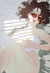 Rule 34 | 1girl, bare legs, bed sheet, black hair, bottomless, crossed legs, interlocked fingers, lying, moss (2225028), no panties, on back, original, own hands clasped, own hands together, red-framed eyewear, red-tinted eyewear, red-tinted glasses, shade, short hair, solo, sunglasses, tinted eyewear, window shadow