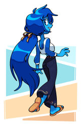 1girl alternate_costume back_cutout blue_eyes blue_hair blue_pants blue_skin clothing_cutout colored_skin crop_top discount-supervillain gem hair_ribbon highres lapis_lazuli_(gemstone) lapis_lazuli_(steven_universe) long_hair long_sleeves looking_at_viewer midriff pants ponytail ribbon sandals simple_background smile solo steven_universe very_long_hair