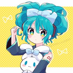 Rule 34 | 1girl, :3, blue bow, blue eyes, blue hair, blush stickers, borrowed hairstyle, bow, cinnamiku, cinnamoroll, closed mouth, detached sleeves, ear bow, folded twintails, hair between eyes, hair bow, twirling hair, hatsune miku, highres, nikoru, number tattoo, sanrio, shoulder tattoo, tattoo, tied ears, twitter username, updo, upper body, vocaloid