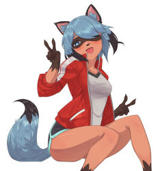 Rule 34 | 1girl, :d, absurdres, animal ears, blue eyes, blue hair, blue shorts, body fur, brand new animal, breasts, commentary request, dark-skinned female, dark skin, double v, elach, fingernails, furry, furry female, hair over one eye, highres, jacket, kagemori michiru, looking at viewer, medium breasts, open mouth, raccoon ears, raccoon girl, raccoon tail, red jacket, sharp fingernails, shirt, short hair, short shorts, shorts, simple background, smile, solo, tail, track jacket, v, white background, white shirt