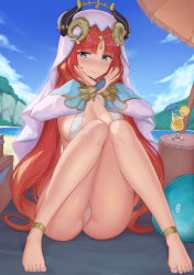 Rule 34 | 1girl, bare legs, barefoot, beach, beach mat, beach umbrella, blue eyes, blue sky, blush, breasts, cameltoe, cleavage, day, detached sleeves, forehead jewel, full body, genshin impact, highres, horns, knees together feet apart, knees up, large breasts, legs, long hair, long sleeves, looking at viewer, mixed-language commentary, nail polish, nilou (genshin impact), outdoors, paid reward available, parted bangs, partially visible vulva, red hair, revealing clothes, sand, shaggy susu, sidelocks, sitting, sky, slime (genshin impact), solo, thighs, toenail polish, toenails, toes, tropical drink, twintails, umbrella, vambraces, veil, very long hair, water, white headdress, x arms