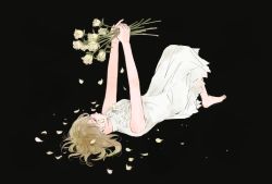 Rule 34 | 1girl, arms up, barefoot, black background, brown eyes, brown hair, commentary request, dress, expressionless, flower, full body, hinao (flowerrabbit2348), looking up, lying, on floor, original, outstretched arms, own hands together, petals, rose, short hair, simple background, sleeveless, sleeveless dress, upside-down, white dress, white flower, white rose