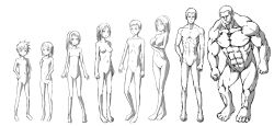 Rule 34 | 1boy, 1girl, age progression, breast hold, breasts, flat chest, full body, greyscale, hands on own hips, highres, kimagure blue, large breasts, lineart, medium breasts, monochrome, muscular, no nipples, no pussy, original, ponytail, small breasts, standing