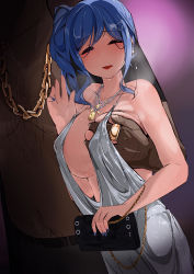 Rule 34 | 1boy, 1girl, ^ ^, absurdres, azur lane, backless dress, backless outfit, bag, bare shoulders, belt, blue hair, blue nails, blush, grabbing another&#039;s breast, breasts, cleavage, closed eyes, commentary request, covered erect nipples, dark-skinned male, dark skin, dress, earrings, evening gown, grabbing, grey dress, hair ornament, hairclip, halter dress, halterneck, handbag, head out of frame, highres, interracial, jewelry, large breasts, nail polish, necklace, netorare, painnico, pants, plunging neckline, purple background, revealing clothes, ring, side ponytail, sidelocks, silver dress, smile, st. louis (azur lane), st. louis (luxurious wheels) (azur lane), sweat, topless male, waving