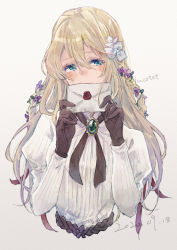 Rule 34 | 1girl, artist name, blonde hair, blue eyes, blush, brooch, brown gloves, closed mouth, commentary request, dated, dress, envelope, flower, gloves, hair between eyes, hair flower, hair intakes, hair ornament, hair ribbon, highres, holding, holding envelope, holding letter, jewelry, leather, leather gloves, letter, long sleeves, looking at viewer, miharuko (kopera), no jacket, puffy long sleeves, puffy sleeves, purple flower, red ribbon, ribbon, simple background, smile, solo, upper body, violet evergarden, violet evergarden (series), wax seal, white background, white dress, white flower