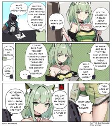 Rule 34 | ..., 1girl, 1other, :o, absurdres, ambiguous gender, animal ears, arknights, black collar, black gloves, black jacket, cat ears, cat girl, clothes lift, collar, comic, desk, doctor (arknights), drawing, dress, dress lift, english text, flying sweatdrops, gloves, green dress, green eyes, green hair, highres, jacket, kal&#039;tsit (arknights), material growth, myown, off-shoulder dress, off shoulder, oripathy lesion (arknights), short hair, speech bubble, thigh focus, thighs