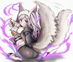 Rule 34 | 1girl, :t, animal ears, artist request, ass, aura, blush, dark aura, eating, fire emblem, fire emblem awakening, fire emblem heroes, food, from behind, grey hair, grima (fire emblem), highres, jacket, long hair, looking at viewer, nintendo, pudding, red eyes, robin (female) (fire emblem), robin (fire emblem), short shorts, shorts, solo, squatting, tail, twintails, very long hair, wolf ears, wolf paws, wolf tail