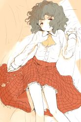 Rule 34 | 1girl, aged down, ascot, child, feet out of frame, green hair, highres, kazami yuuka, long sleeves, lying, no vest, on back, on bed, plaid, plaid skirt, red eyes, red skirt, ripu (lipi), shirt, skirt, solo, touhou, wavy hair, white shirt, yellow ascot