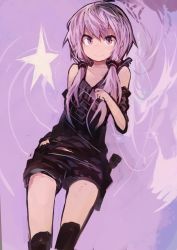 Rule 34 | 1girl, absurdres, bare shoulders, detached sleeves, hand on own hip, highres, kaamin (mariarose753), kneehighs, long hair, looking at viewer, low twintails, purple eyes, purple hair, purple theme, shirt, short shorts, shorts, sleeveless, sleeveless shirt, smile, socks, solo, star (symbol), thighhighs, twintails, vocaloid, voiceroid, yuzuki yukari