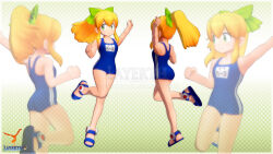 3d arm_up bare_shoulders blonde_hair clenched_hand green_background green_eyes green_ribbon hair_between_eyes happy jumping layerth-3d long_hair looking_to_the_side mega_man_(series) one-piece_swimsuit polka_dot polka_dot_background ponytail ribbon roll_(mega_man) school_swimsuit sidelocks smile swimsuit two-tone_background watermark white_background