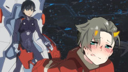 Rule 34 | 10s, 2boys, all fours, black bodysuit, black hair, blue eyes, blush, bodysuit, bulge, darling in the franxx, doggystyle, erection, erection under clothes, gloves, green eyes, highres, hiro (darling in the franxx), holding, horns, light brown hair, looking at viewer, male focus, mitsuru (darling in the franxx), multiple boys, oni horns, pilot suit, red bodysuit, sex, sex from behind, short hair, sitting, space, sweat, sweatdrop, tongue, tongue out, white gloves