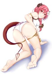 Rule 34 | 1girl, absurdres, all fours, ass, backless outfit, backless swimsuit, bare legs, bare shoulders, barefoot, blush, braid, breasts, cameltoe, casual one-piece swimsuit, closed mouth, curled horns, demon girl, demon horns, demon tail, frilled swimsuit, frills, from behind, highres, horns, io (princess connect!), long hair, looking at viewer, looking back, medium breasts, one-piece swimsuit, princess connect!, red eyes, red hair, sabo miso, shiny skin, sideboob, single braid, smile, soles, solo, swimsuit, tail, white background, white one-piece swimsuit