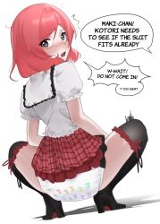 Rule 34 | 1girl, biocum, black footwear, black thighhighs, blouse, boots, diaper, embarrassed, english text, female focus, frills, high heel boots, high heels, long hair, looking at viewer, love live!, love live! school idol project, nishikino maki, nose, open mouth, plaid, plaid skirt, puffy sleeves, purple eyes, red hair, red skirt, sailor collar, shirt, short sleeves, skirt, solo, speech bubble, squatting, swept bangs, thighhighs, trembling, white shirt