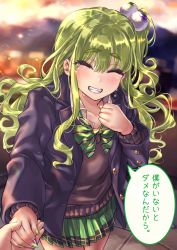 Rule 34 | 1girl, absurdres, black thighhighs, blue jacket, commentary, crying, crying with eyes open, dusk, eyeball hair ornament, grabbing another&#039;s hand, green eyes, green hair, green neckwear, green skirt, highres, holding hands, jacket, light particles, long hair, original, osanai (shashaki), rooftop, school uniform, sharp teeth, shashaki, shirt, side ponytail, sidelocks, skirt, striped clothes, striped skirt, tears, teeth, thighhighs, thighs, translated, white shirt