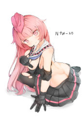Rule 34 | 1girl, absurdres, ass, blush, breasts, butt crack, character name, cleavage, covering privates, covering breasts, dimples of venus, girls&#039; frontline, gloves, hansal, hat, highres, long hair, looking at viewer, ntw-20 (girls&#039; frontline), pink eyes, pink hair, shirt, skirt, solo, torn clothes, torn shirt