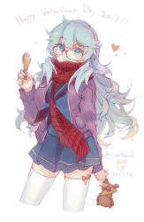 Rule 34 | 1girl, artemis (fate), bear, blue eyes, breasts, fate/grand order, fate (series), glasses, heart, highres, jacket, large breasts, long hair, looking at viewer, open mouth, orion (bear) (fate), scarf, school uniform, silver hair, skirt, smile, solo, standing, thighhighs