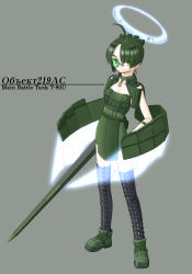 Rule 34 | 1girl, ahoge, green eyes, halo, mecha musume, military, military vehicle, monocle, motor vehicle, original, polearm, russia, short hair, solo, soviet, spear, standing, t-80, tank, thighhighs, vehicle, weapon, world war ii
