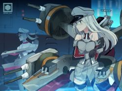 Rule 34 | 2girls, absurdres, anchor, artist logo, bismarck (kancolle), black gloves, blonde hair, breasts, cannon, capelet, commentary request, cowboy shot, detached sleeves, fujiyama ichiha, gloves, graf zeppelin (kancolle), grey eyes, hat, highres, kantai collection, large breasts, long hair, machinery, military, military hat, military uniform, multiple girls, peaked cap, sidelocks, standing, turret, twintails, uniform