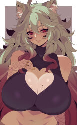 Rule 34 | alternate costume, animal ears, artist request, blush, breasts, cleavage, cleavage cutout, clothing cutout, curly hair, detached sleeves, fishnet sleeves, fishnets, grey background, hand on own chest, heart cutout, huge breasts, jewelry, long hair, looking at viewer, mokarui (vtuber), mole, mole on breast, nails, navel, red eyes, ring, sile, smile, virtual youtuber, white hair, yellow nails