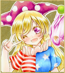 Rule 34 | 1girl, american flag, american flag dress, blonde hair, blush, clownpiece, commentary request, dress, earrings, graphite (medium), hair between eyes, hat, head tilt, highres, jester cap, jewelry, long hair, looking at viewer, marker (medium), neck ruff, nekofish666, one eye closed, open mouth, portrait, purple eyes, short sleeves, solo, touhou, traditional media, v
