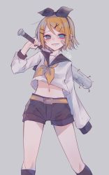 Rule 34 | 1227ree, 1girl, baseball bat, belt, blonde hair, blue eyes, blush, bow, breasts, carrying over shoulder, collarbone, ear piercing, empty eyes, grin, hair bow, hair ornament, hairclip, highres, holding, holding baseball bat, holding weapon, kagamine rin, looking at viewer, loose clothes, loose shirt, nail, nail bat, piercing, sailor collar, shirt, short hair, short shorts, shorts, signature, sketch, small breasts, smile, solo, vocaloid, weapon