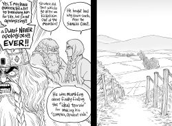 Rule 34 | 1girl, 2boys, absurdres, bb (baalbuddy), beard, braid, coat, comic, commission, covered eyes, crown, day, dwarf, emphasis lines, english text, facial hair, hair over eyes, highres, left-to-right manga, long hair, looking at another, monochrome, multiple boys, original, outdoors, scenery, shouting, twin braids, v-shaped eyebrows, very long hair