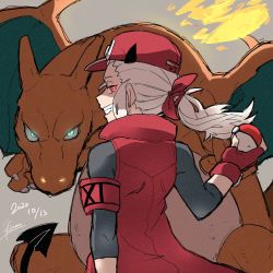 Rule 34 | 1girl, 25 kimera, alternate eye color, baseball cap, black bodysuit, black horns, bodysuit, bow, charizard, commentary request, creatures (company), crossover, dated, fang, fingerless gloves, fire, flame-tipped tail, from behind, game freak, gen 1 pokemon, gloves, glowing, glowing eyes, grey background, grin, hair bow, hat, helltaker, holding, holding poke ball, horns, jacket, justice (helltaker), long hair, looking at viewer, looking back, nintendo, poke ball, poke ball (basic), pokemon, pokemon (creature), ponytail, red eyes, red gloves, red headwear, red jacket, shaded face, signature, sketch, sleeveless, sleeveless jacket, smile, tail, upper body, wings