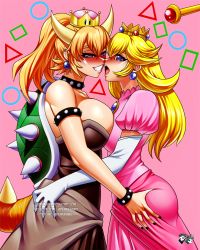 Rule 34 | 2girls, ass grab, asymmetrical docking, black dress, black nails, blonde hair, bowsette, breast press, breasts, brooch, commission, crown, dress, elbow gloves, eye contact, gloves, horns, jadenkaiba, jewelry, large breasts, long hair, looking at another, mario (series), mini crown, multiple girls, nail polish, new super mario bros. u deluxe, nintendo, open mouth, pink background, pink dress, pointy ears, princess peach, puffy short sleeves, puffy sleeves, short sleeves, smile, spiked shell, spiked tail, strapless, strapless dress, studded armlet, studded bracelet, studded choker, super crown, tail, teeth, turtle shell, wand, white gloves, yuri