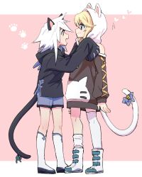 Rule 34 | 2boys, animal ears, animal hood, animal print, asymmetrical legwear, azuma yukihiko, bare shoulders, bell, black hoodie, blonde hair, blue eyes, blue shorts, brown hoodie, cat boy, cat ears, cat hood, cat print, cat tail, child, cross-laced clothes, cross-laced sleeves, detached sleeves, fang, full body, genius sage, highres, hood, hood up, hoodie, jingle bell, long sleeves, looking at another, male focus, medium hair, mithos yggdrasill, multiple boys, shorts, sleeves past fingers, sleeves past wrists, standing, tail, tail ornament, tales of (series), tales of symphonia, thighhighs, trap, white footwear, white hair, white thighhighs, yaoi