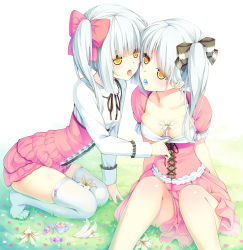 Rule 34 | 2girls, between breasts, blush, breasts, cross-laced clothes, flower, grass, hair ribbon, incest, kneeling, knees together feet apart, long hair, multiple girls, open mouth, original, peragura, ribbon, saliva, saliva trail, siblings, side ponytail, silver hair, simple background, sisters, sitting, squatting, thighhighs, tongue, tongue out, twins, white background, white legwear, yellow eyes, yuri