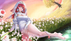 Rule 34 | 1girl, absurdres, alternate costume, breasts, bridal gauntlets, closed mouth, cross, dress, earrings, feather earrings, feathers, field, flower, flower field, grass, habit, highres, hololive, hololive english, jewelry, kuutamo, large breasts, long hair, looking at viewer, lying, multicolored hair, nun, on side, outdoors, purple eyes, red hair, sky, smile, solo, streaked hair, takanashi kiara, thighs, tree, veil, virtual youtuber, water, wet, white dress, white flower, yellow sky