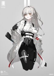 Rule 34 | 1girl, a-z f01 (neco), also sprach zarathustra (neco), belt, breasts, chest harness, coat, gloves, grey hair, gun, harness, large breasts, long hair, looking at viewer, necktie, neco, original, pale skin, parted lips, rifle, skin tight, solo, thigh gap, thigh strap, weapon, white hair, yellow eyes