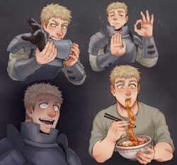 Rule 34 | 1boy, absurdres, armor, biting, blonde hair, closed eyes, collage, crazy eyes, crazy smile, daxratchet, derivative work, drooling, dungeon meshi, eating, expressions, food, highres, laios thorden, looking ahead, male focus, noodles, ok sign, plate armor, screencap redraw, short hair, sideburns, smile, sparkling aura, thick eyebrows