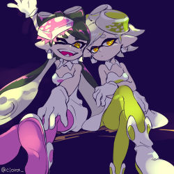 Rule 34 | + +, 2girls, alternate color, ankle boots, arm up, black background, boots, brown eyes, callie (splatoon), closed mouth, cousins, crossed arms, crossed legs, detached collar, dress, fangs, food, food on head, full body, gloves, green legwear, inkling, long hair, looking at viewer, marie (splatoon), mole, mole under eye, multiple girls, nintendo, object on head, one eye closed, open mouth, pointy ears, purple legwear, serizawa nae, short dress, short hair, short jumpsuit, side-by-side, simple background, sitting, smile, splatoon (series), splatoon 1, strapless, strapless dress, sushi, tentacle hair, twitter username, unitard, white dress, white footwear, white gloves