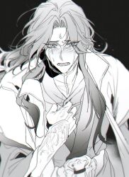 Rule 34 | 1boy, absurdres, black background, blush, bracer, chinese clothes, clutching chest, clutching clothes, crying, crying with eyes open, facial mark, forehead mark, gradient background, hanfu, highres, long hair, long sleeves, looking at viewer, luo binghe, monochrome, open mouth, parted hair, renzha fanpai zijiu xitong, solo, tears, white som, wide sleeves