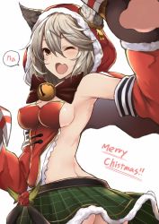 Rule 34 | 10s, 1girl, ;d, animal ears, animal hands, armpits, ass, bell, blush, breasts, brown eyes, claws, cowboy shot, erune, fang, from behind, fur trim, granblue fantasy, green skirt, grey hair, hair between eyes, highres, jingle bell, looking at viewer, medium breasts, merry christmas, nakatama kyou, one eye closed, open mouth, paw pose, pleated skirt, santa costume, sen (granblue fantasy), sideboob, simple background, skirt, smile, solo, speech bubble, white background
